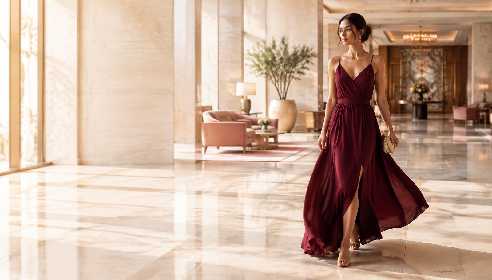 Mulher usando vestido bordeaux em ambiente elegante